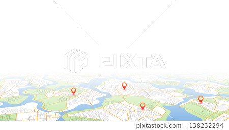 Light colored urban plan featuring green parks and blue river with position pins. Vector illustration. 138232294