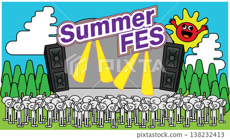 夏季音樂節舞台和觀眾的插圖；代表音樂活動的流行設計材料。 138232413