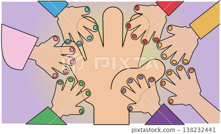 An illustration depicting teamwork and cooperation as everyone places their hands together. 138232441