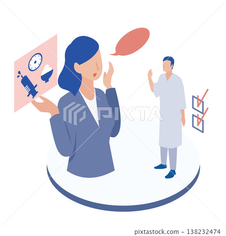 Illustration of a medical staff member explaining treatment details and precautions to a patient. Illustration of a medical staff member explaining treatment details and precautions to a patient. 138232474