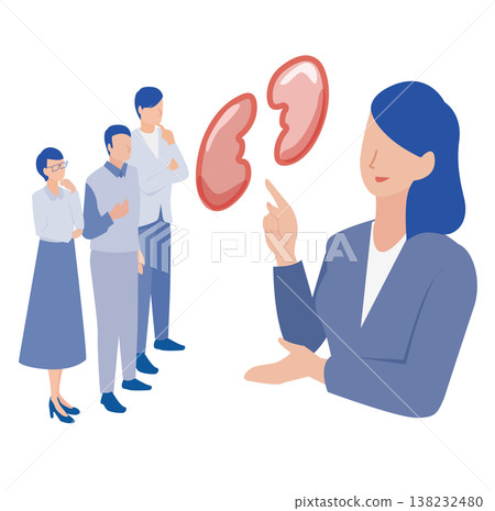 插圖描繪了醫務人員向人們講解腎臟的工作原理,而其他人則在認真聆聽。 插圖描繪了醫務人員向人們講解腎臟的工作原理,而其他人則在認真聆聽。 138232480