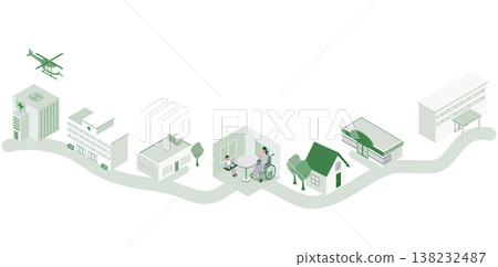 An isometric illustration illustrating the collaboration between community healthcare and home care, connecting hospitals to welfare and home support services. An isometric illustration illustrating the collaboration between community healthcare and home care, connecting hospitals to welfare and home support services. 138232487
