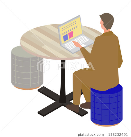 An illustration of a man working on a laptop at a round table, seen from behind. An illustration of a man working on a laptop at a round table, seen from behind. 138232491