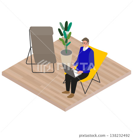 Isometric illustration of a man working on a laptop in a lounge chair. Isometric illustration of a man working on a laptop in a lounge chair. 138232492
