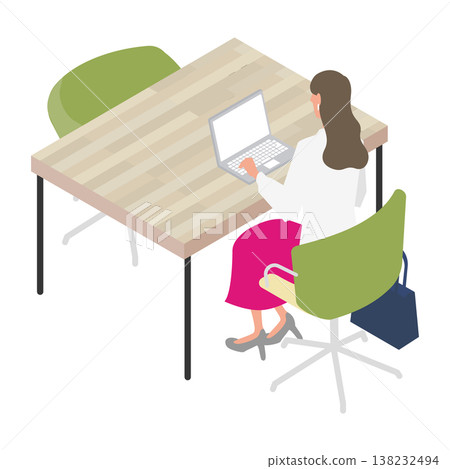 An illustration of a woman from behind working on a laptop at a table. An illustration of a woman from behind working on a laptop at a table. 138232494