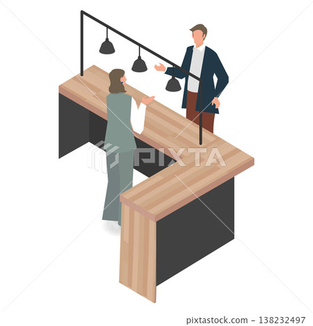 Isometric illustration of a staff member guiding visitors at the reception counter. Isometric illustration of a staff member guiding visitors at the reception counter. 138232497
