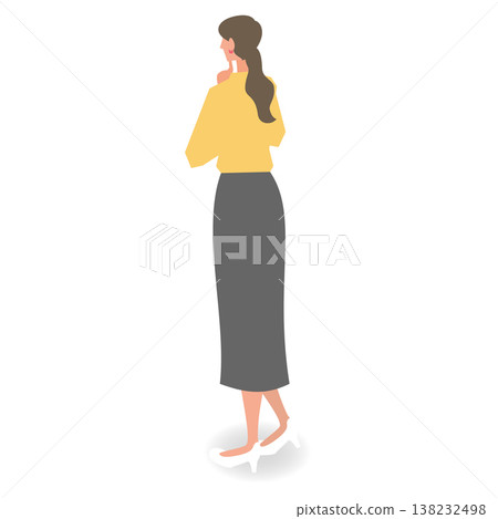 Illustration of a woman standing and thinking, from behind. 138232498