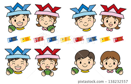 探戈之節（男孩節）兒童節：男孩和女孩不同臉部表情的插圖集。 138232557