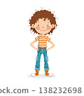 Adorable cartoon illustration of a smiling curly haired kid with freckles, wearing striped t shirt, jeans and sneakers. Friendly and cheerful child character isolated on light background, perfect for 138232698