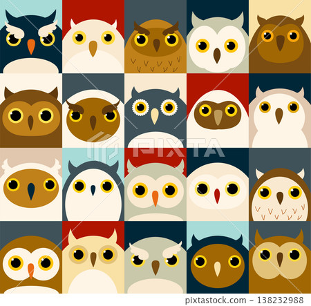 Vector seamless pattern (tiling) with cartoon owls. Cute print in kawaii style. Endless texture can be used for pattern fills, t-shirt design, web page background, fabric design, scrapbooking paper 138232988