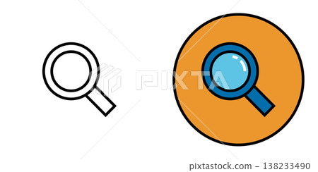 A magnifying glass icon enclosed in a circle. A set of monochrome and color vector illustrations. A magnifying glass icon enclosed in a circle. A set of monochrome and color vector illustrations. 138233490