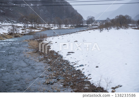The clear waters of the Inagawa River, still covered in snow, and the rural landscape of Minami-Aizu, awaiting spring. The clear waters of the Inagawa River, still covered in snow, and the rural landscape of Minami-Aizu, awaiting spring. 138233586