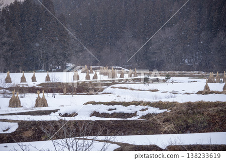 A winter scene in Oku-Aizu with snow falling, featuring straw bundles lined up in the rice paddies and terraced rice fields covered in snow. 138233619