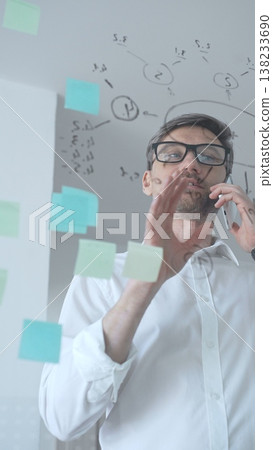 Mature businessman in glasses actively analyzing data and developing new business strategies. Using a digital tablet during a dynamic brainstorming and planning session behind a glass wall with notes Mature businessman in glasses actively analyzing data and developing new business strategies. Using a digital tablet during a dynamic brainstorming and planning session behind a glass wall with notes 138233690