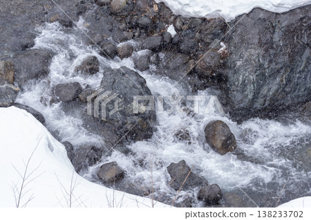 Snow falls across the Inagawa River in Hinoemata Village, a winter mountain stream flowing fiercely between rocks, creating a snowy landscape. Snow falls across the Inagawa River in Hinoemata Village, a winter mountain stream flowing fiercely between rocks, creating a snowy landscape. 138233702