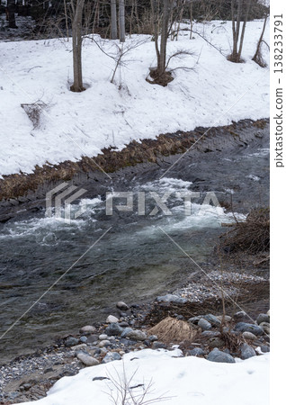 The snow is about to melt in Minami-Aizu's Inagawa River, and the snowscape remains along the riverbank in early spring. 138233791