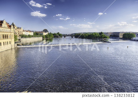 Vltava River flowing through Prague on sunny summer day Vltava River flowing through Prague on sunny summer day 138233812