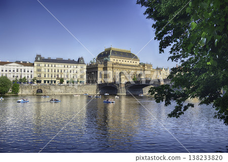 Tourists enjoying paddle boats with the National Theatre in Prague Tourists enjoying paddle boats with the National Theatre in Prague 138233820