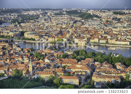 Prague cityscape showing the Vltava River and the Charles Bridge 138233823