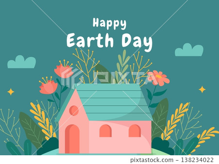 Happy Earth Day illustration with small house in a green garden Happy Earth Day illustration with small house in a green garden 138234022