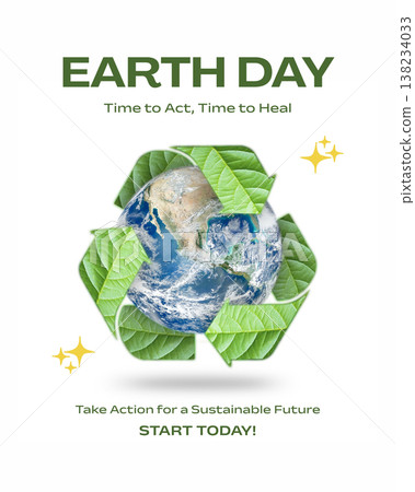 Earth Day recycle symbol with planet earth and green leaf icons 138234033