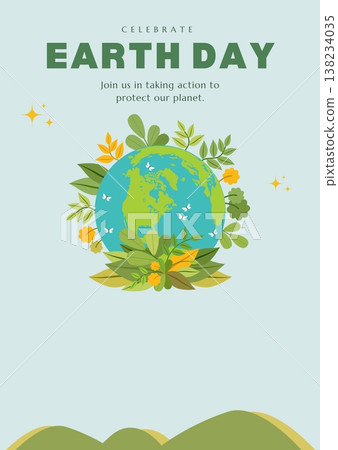 Celebrate Earth Day invitation with planet earth and green leaves border 138234035