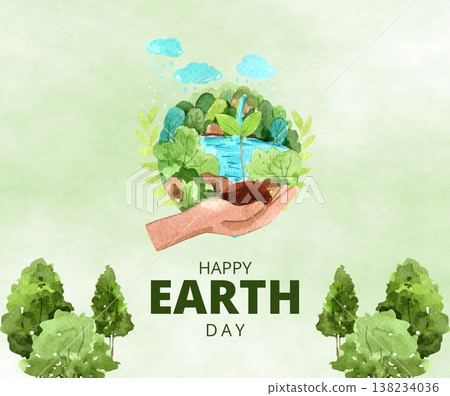 Watercolor hand holding earth and forest for environment protection 138234036