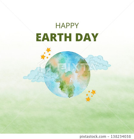 Watercolor Happy Earth Day card with planet and soft blue clouds 138234038