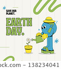 Retro Earth Day post with earth character watering a yellow flower Retro Earth Day post with earth character watering a yellow flower 138234041