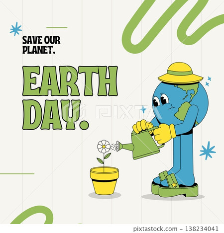 Retro Earth Day post with earth character watering a yellow flower 138234041