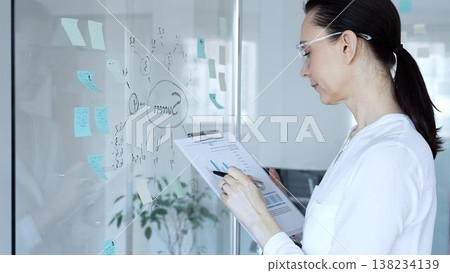 Professional business woman working on successful project strategy, analyzing data on clipboard, developing new ideas on glass whiteboard with sticky notes in modern office 138234139