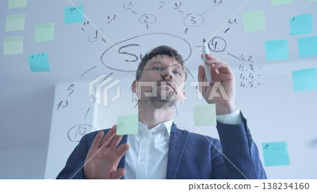 Entrepreneur creating a detailed business plan and innovative strategy roadmap on a clear panel, mapping out concepts for future achievements and problem solving in an office 138234160
