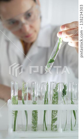 Woman scientist with protective glasses, is holding a test tube with plants inside in laboratory setting, vertical view. Science and medicine Woman scientist with protective glasses, is holding a test tube with plants inside in laboratory setting, vertical view. Science and medicine 138234303