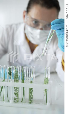 Woman scientist with blue gloves, face mask and protective glasses, is holding a test tube with plants inside in laboratory, vertical portrait view. Science and medicine concept 138234324