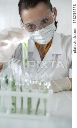 Woman scientist wearing a lab coat, white gloves, face mask and protective glasses, is holding a test tube with plants inside, vertical portrait view. Science and medicine Woman scientist wearing a lab coat, white gloves, face mask and protective glasses, is holding a test tube with plants inside, vertical portrait view. Science and medicine 138234338