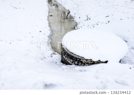 Frozen Drainage Ditch Beside Snow Covered Concrete Well Structure Frozen Drainage Ditch Beside Snow Covered Concrete Well Structure 138234412
