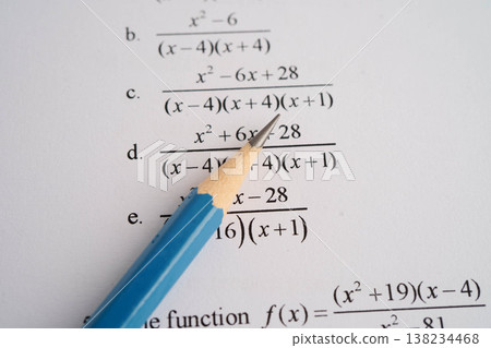 Pencil on mathematic formula exercise test paper in education school. 138234468