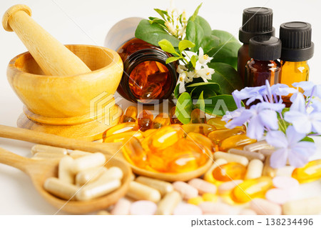 Alternative medicine herbal organic capsule with vitamin E omega 3 fish oil, mineral, drug with herbs leaf natural supplements for healthy good life. 138234496