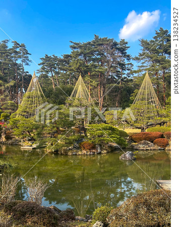 輪王寺花園,那裡使用雪繩來防止積雪。 輪王寺花園,那裡使用雪繩來防止積雪。 138234527