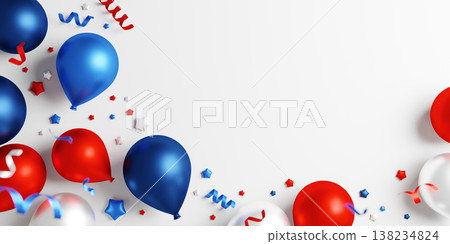 Independence day banner background design of red white blue balloons with falling confetti stars and ribbons with copy space 3D render Independence day banner background design of red white blue balloons with falling confetti stars and ribbons with copy space 3D render 138234824