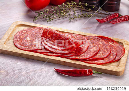 Spicy sliced chorizo sausages snack Spicy sliced chorizo sausages snack 138234919