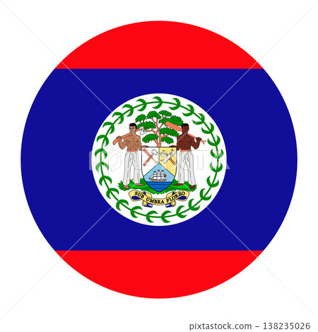 Circular vector illustration of the Belize flag with coat of arms, isolated on white background. Circular vector illustration of the Belize flag with coat of arms, isolated on white background. 138235026