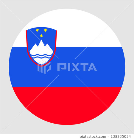 Circular vector illustration of the Slovenia flag with coat of arms, isolated on grey background. Circular vector illustration of the Slovenia flag with coat of arms, isolated on grey background. 138235034