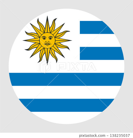 Circular vector illustration of the Uruguay flag with Sun of May, isolated on grey background. Circular vector illustration of the Uruguay flag with Sun of May, isolated on grey background. 138235037