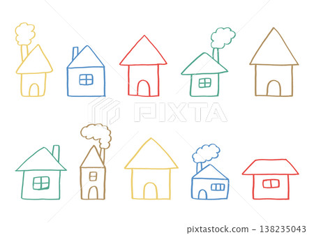一組手繪的、色彩鮮豔的、線條流暢的房屋插圖,畫中人物有窗戶和煙囪。 一組手繪的、色彩鮮豔的、線條流暢的房屋插圖,畫中人物有窗戶和煙囪。 138235043