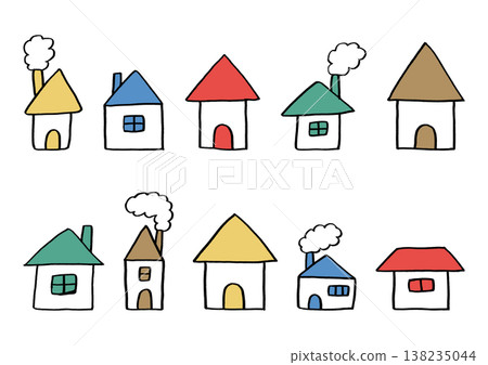 A set of loose, colorful, hand-drawn illustrations of a house with windows and a chimney. A set of loose, colorful, hand-drawn illustrations of a house with windows and a chimney. 138235044