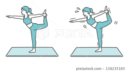 A set of illustrations comparing smiling and struggling (beginner and advanced) yoga poses (dancer's poses). A set of illustrations comparing smiling and struggling (beginner and advanced) yoga poses (dancer's poses). 138235165
