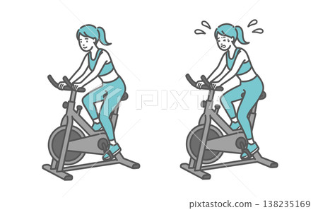 A set of illustrations comparing smiling and sweaty (beginner and advanced) users on fitness bikes (exercise bikes). A set of illustrations comparing smiling and sweaty (beginner and advanced) users on fitness bikes (exercise bikes). 138235169