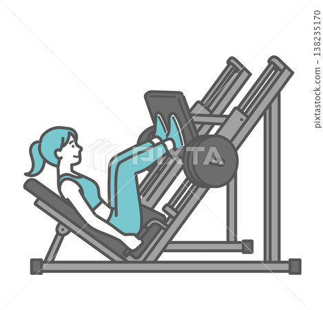 一幅描繪一位面帶微笑的女性在腿部推蹬機上訓練的插圖。 138235170