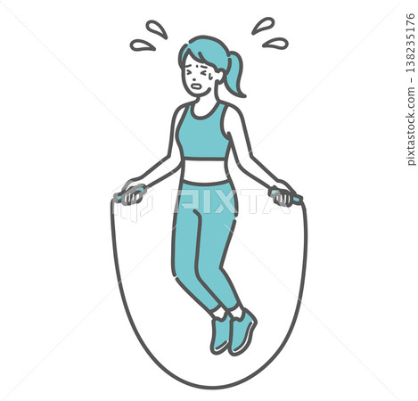 An illustration of a sweaty woman struggling to jump rope (aerobic exercise). An illustration of a sweaty woman struggling to jump rope (aerobic exercise). 138235176